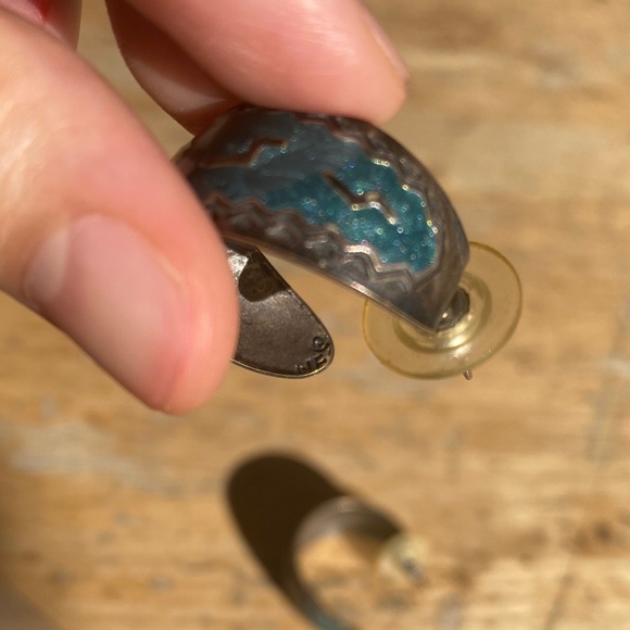 Vintage Mexican Sterling Silver Earrings – Blue Enamel Inlay, MEX Mark - Picture 5 of 6